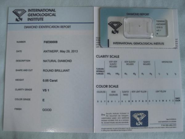 Diamant im Brillantschliff 0.05 ct / VS1/ E / Good / mit IGI Report