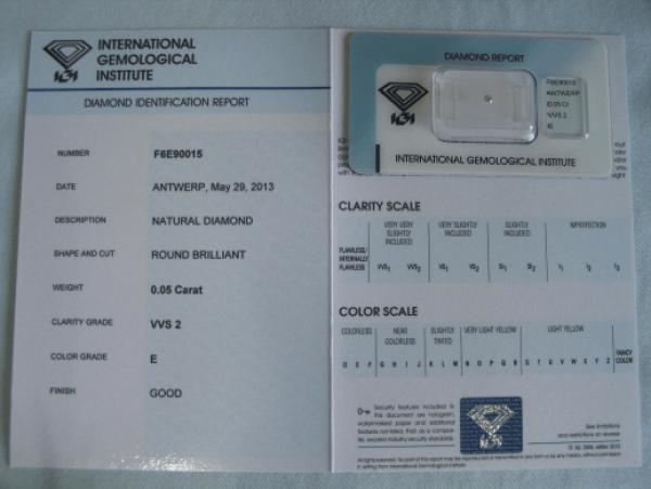 Diamant im Brillantschliff 0.05 ct / VVS2 / E / Good/ mit IGI Report