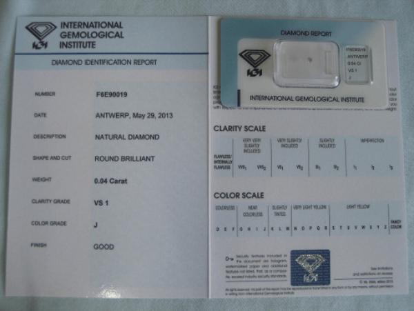 Diamant im Brillantschliff 0.04 ct / VS1 / J / Good / mit IGI Report
