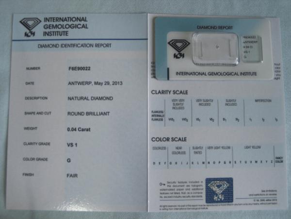 Diamant im Brillantschliff 0.04 ct / VS1 / G / Fair / mit IGI Report