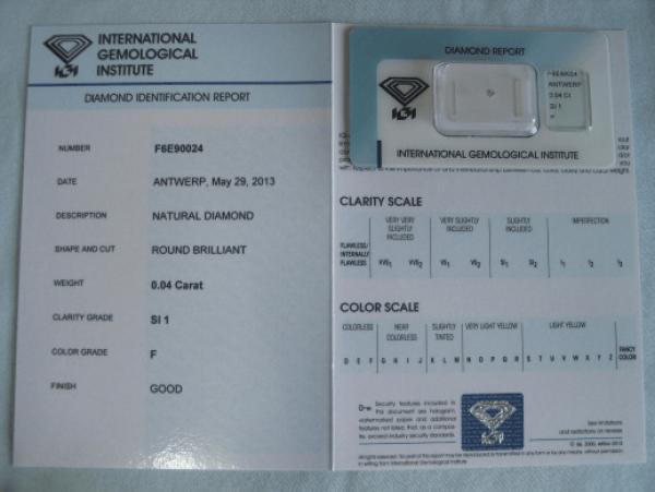 Diamant im Brillantschliff 0.04 ct / SI1 / F / Good / mit IGI Report