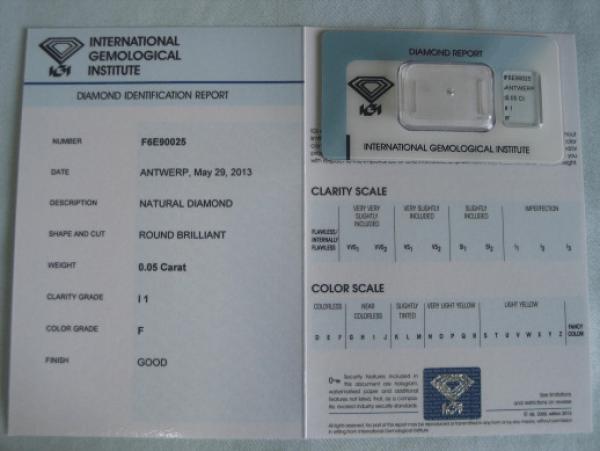 Diamant im Brillantschliff 0.05 ct / I1 / F / Good / mit IGI Report