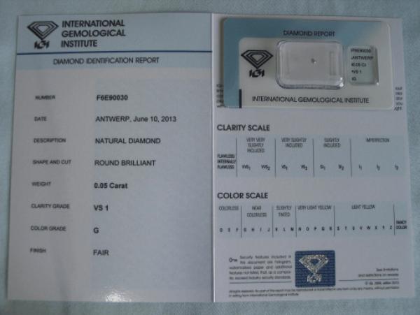 Diamant im Brillantschliff 0.05 ct / VS1 / G / Fair / mit IGI Report