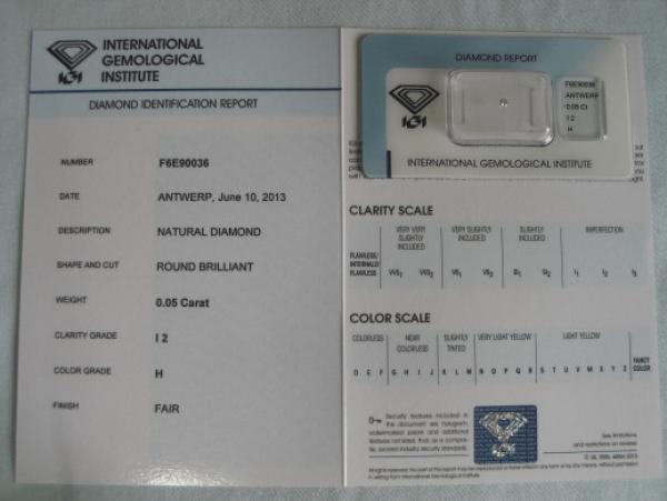Diamant im Brillantschliff 0.05 ct / I2 / H / Fair / mit IGI Report