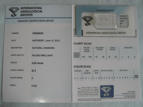 Diamant im Brillantschliff 0.05 ct / SI2 / F / Fair / mit IGI Report