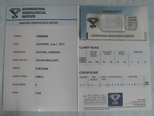 Diamant im Brillantschliff 0.05 ct / VVS2 / F / Fair / mit IGI Report