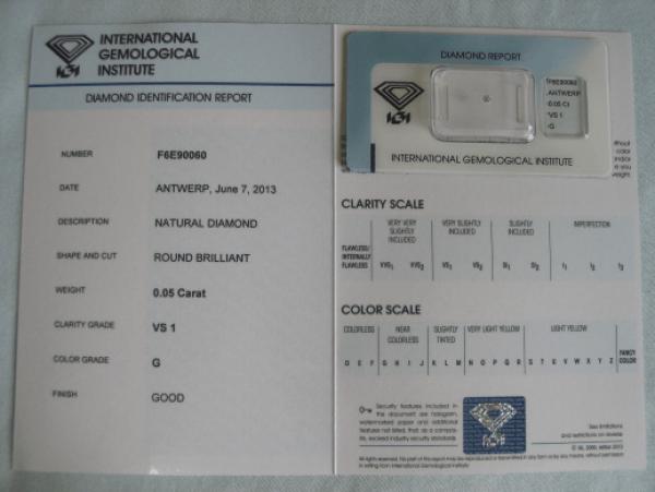 Diamant im Brillantschliff 0.05 ct / VS1 / G / Good / mit IGI Report