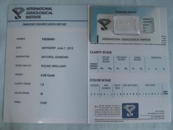 Diamant im Brillantschliff 0.05 ct / I2 / G / Fair / mit IGI Report