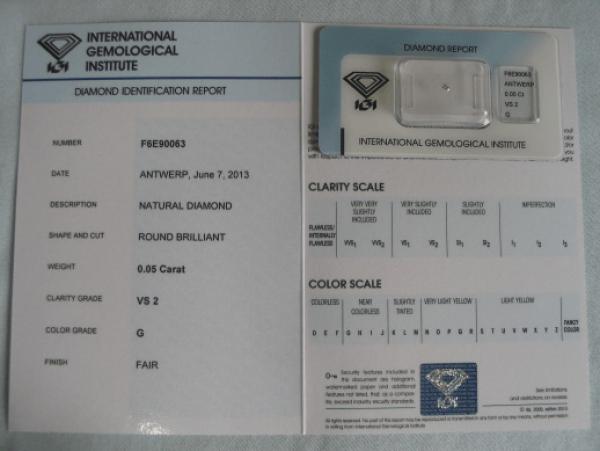 Diamant im Brillantschliff 0.05 ct / VS2 / G / Fair / mit IGI Report