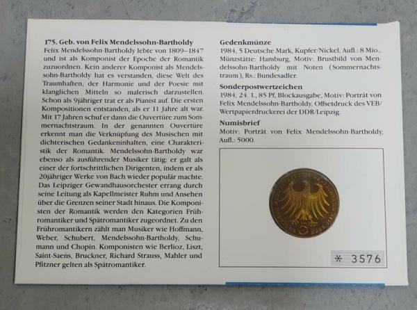 Numisbrief mit 5 DM Gedenkmünze "175. Geburtstag von Felix Mendelssohn Bartholdy" aus CuNi