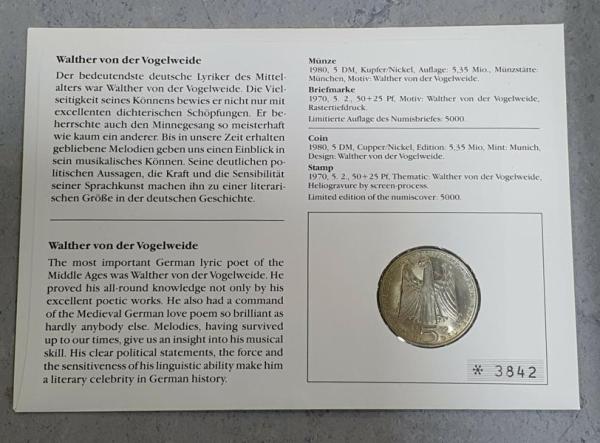 Numisbrief mit 5 DM Gedenkmünze "750. Todestag von Walther von der Vogelweide" aus CuNi