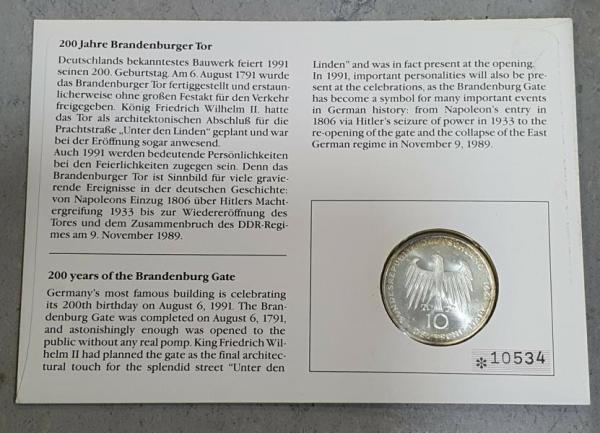 Numisbrief mit 10 DM Gedenkmünze "200 Jahre Brandenburger Tor" 625er Silber