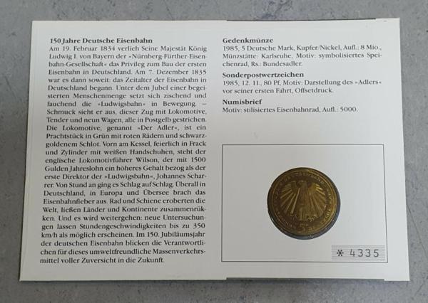 Numisbrief mit 5 DM Gedenkmünze "150 Jahre Eisenbahn in Deutschland" aus CuNi