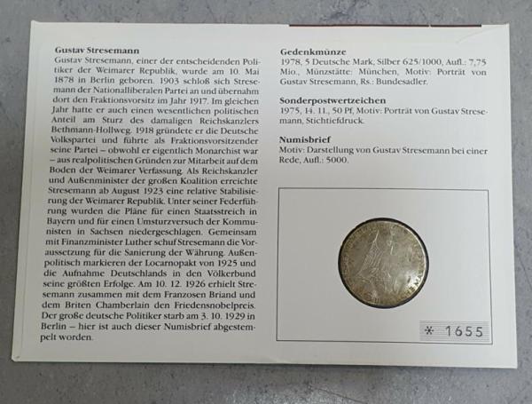 Numisbrief mit 5 DM Gedenkmünze "100. Geburtstag von Gustav Stresemann" aus 625er Silber