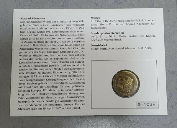 Numisbrief mit 2 DM Konrad Adenauer aus CuNi