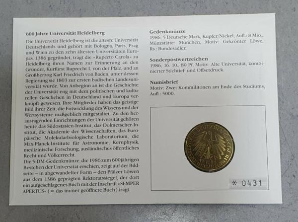 Numisbrief mit 5 DM Gedenkmünze "600 Jahre Ruprecht-Karls-Universität Heidelberg"aus CuNi