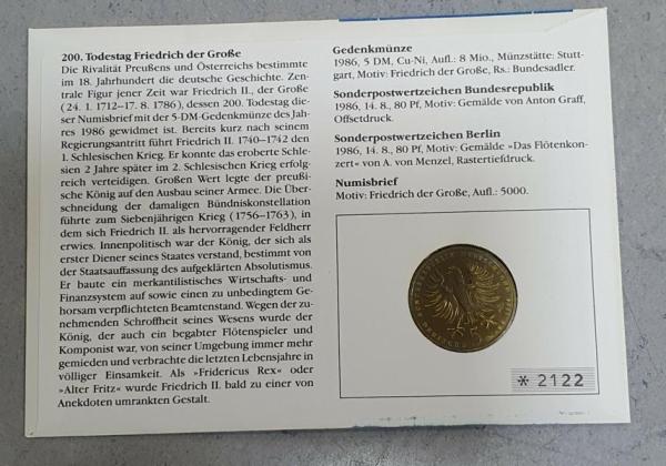 Numisbrief mit 5 DM Gedenkmünze "200. Todestag von Friedrich dem Großen" aus CuNi