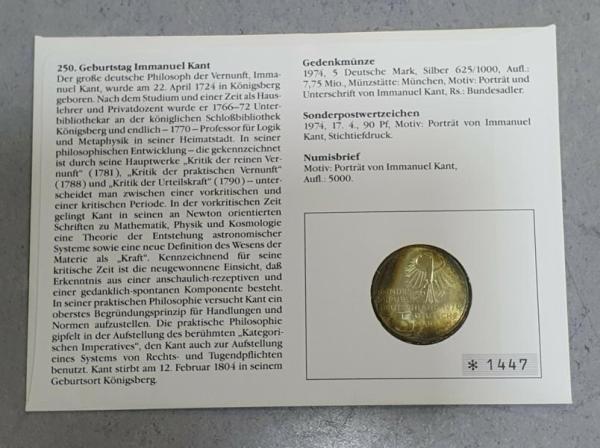 Numisbrief mit 5 DM Gedenkmünze "250. Geburtstag von Immanuel Kant" aus 625er Silber