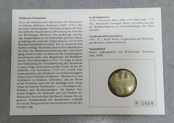 Numisbrief mit 5 DM Gedenkmünze "225. Todestag von Balthasar Neumann" aus 625er Silber