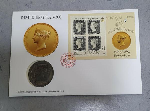 Numisbrief 1 Krone 1990, 150. Jahrestag Briefmarke Penny Black, Isle of Man