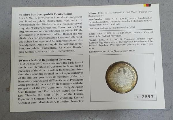 Numisbrief mit 10 DM Gedenkmünze "40 Jahre Bundesrepublik Deutschland" aus 625er Silber