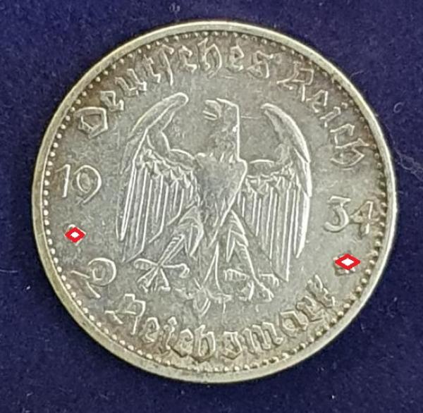 2 Reichsmark 1934, Garnisionskirche, Drittes Reich, Silber 625