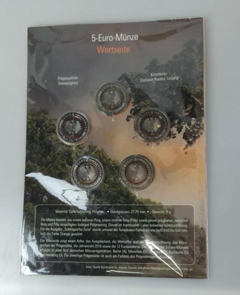 5x 5 EUR Gedenkmünzen "Subtropische Zone" 2018, BRD, CuNi, Polymer in OVP