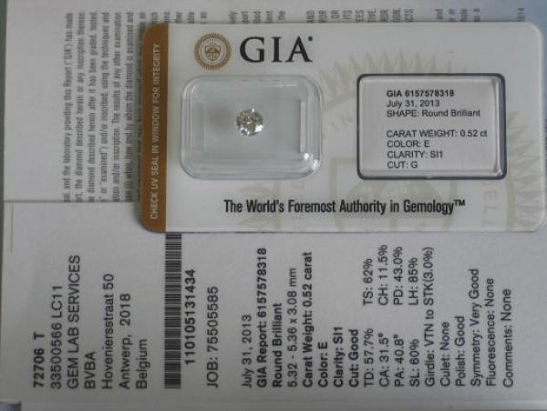 Diamant im Brillantschliff "E" 0.52 ct / SI1 mit GIA Report, Laser Inscription Registry
