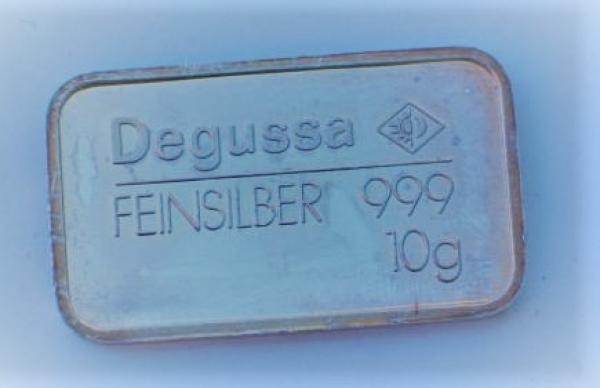 Historischer 10g Silberbarren Degussa, Feinsilber 999