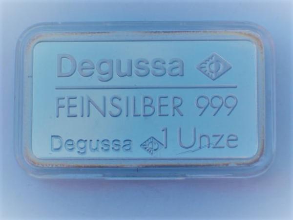 Historischer Degussa Silberbarren 1 oz, Feinsilber 999 in OVP, Rückseitenmotiv: 700 Jahre Düsseldorf