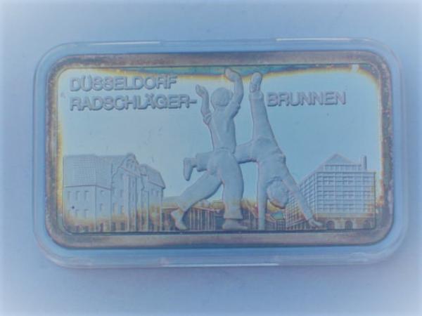 Historischer Degussa Silberbarren 1 oz, Feinsilber 999 in OVP, Rückseitenmotiv: 700 Jahre Düsseldorf (2)