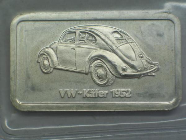 Historischer Degussa Silberbarren 1 oz, Feinsilber 999 in OVP, Rückseitenmotiv: VW Käfer 1952