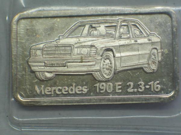 Historischer Degussa Silberbarren 1 oz, Feinsilber 999 in OVP, Rückseitenmotiv: Mercedes 190E 2,3-16