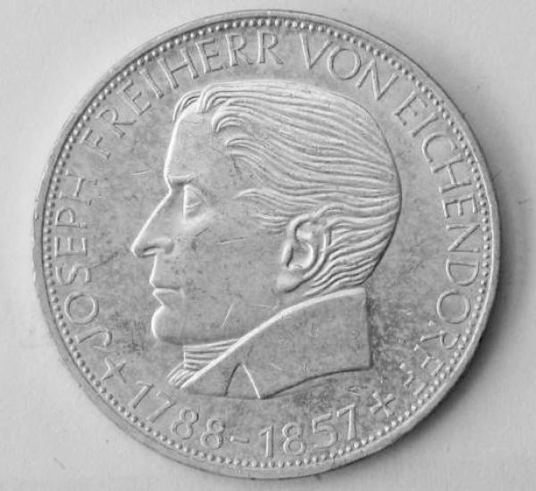 5 DM Gedenkmünze "100. Todestag von Joseph Eichendorf" aus 625er Silber 1957