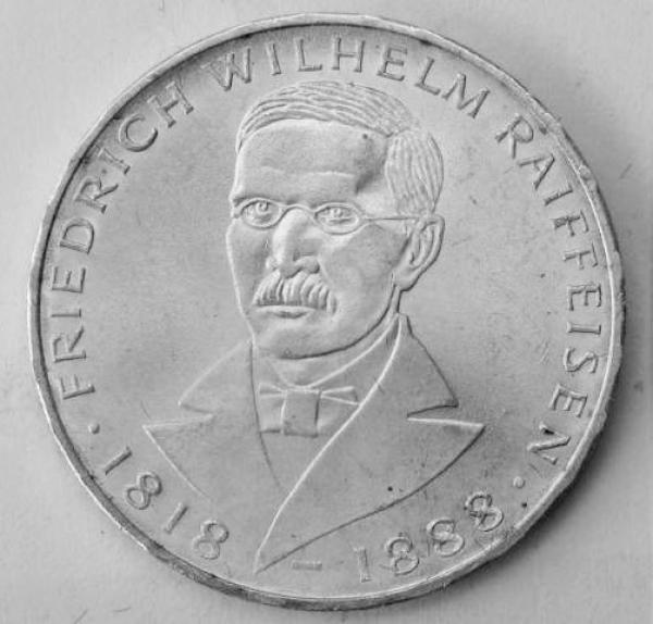 5 DM Gedenkmünze "150. Geburtstag von Friedrich Wilhelm Raiffeisen" aus 625er Silber