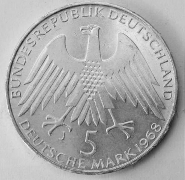 5 DM Gedenkmünze "150. Geburtstag von Friedrich Wilhelm Raiffeisen" aus 625er Silber