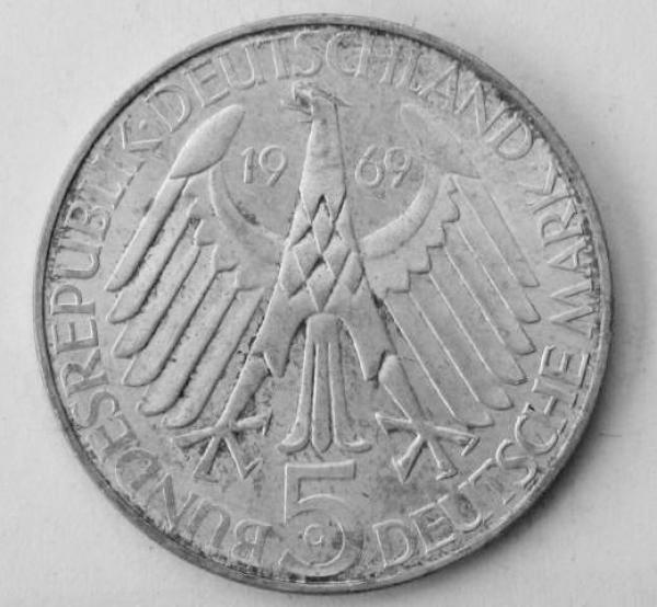 5 DM Gedenkmünze "150. Geburtstag von Theodor Fontane" aus 625er Silber 1969