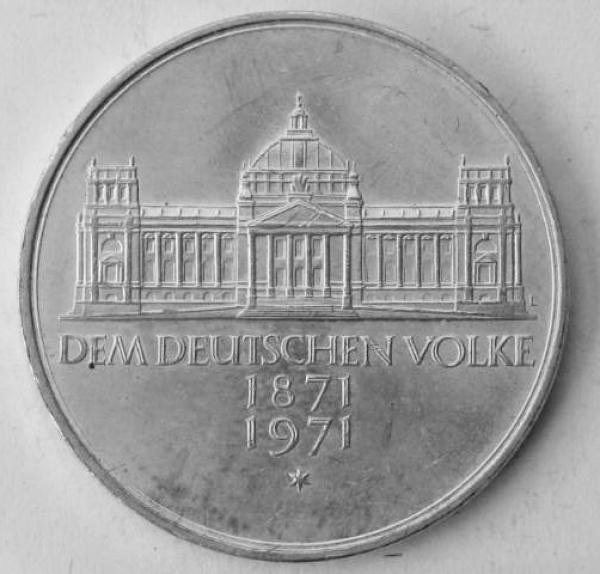 5 DM Gedenkmünze "Dem Deutschen Volke" 100 Jahre Reichsgründung aus 625er Silber 1971