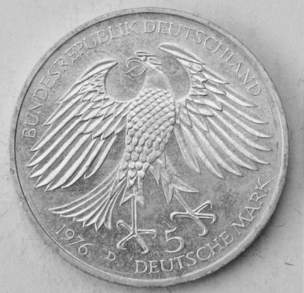 5 DM Gedenkmünze "Hans Jacob Cristoph von Grimmelshausen" aus 625er Silber 1976