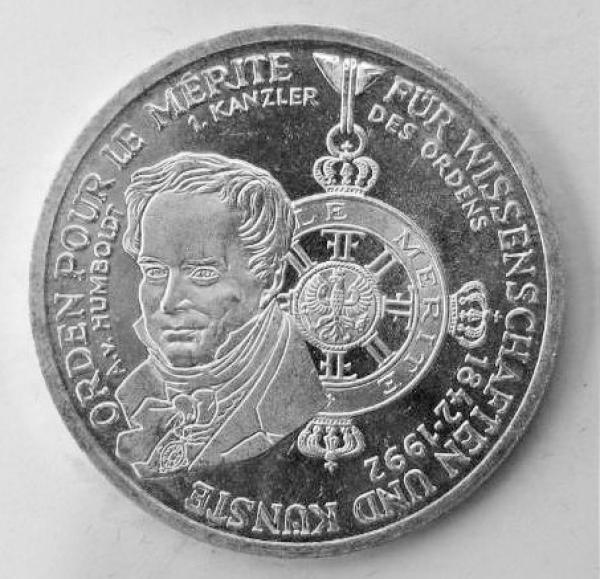 10 DM Gedenkmünze "150. Jahrestag der Friedensklasse des Ordens Pour le Mérite" 1992