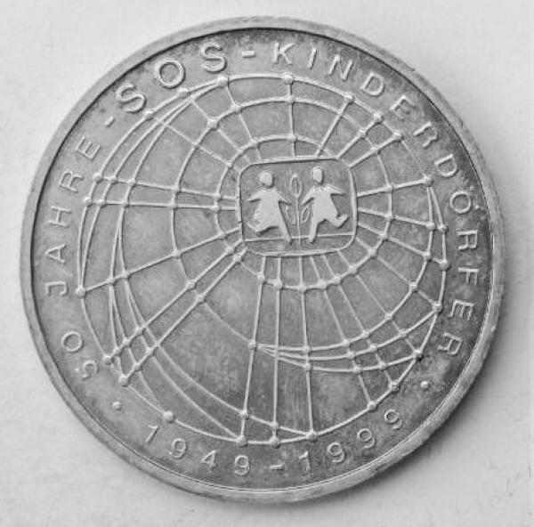 10 DM Gedenkmünze "50 Jahre SOS-Kinderdörfer" aus 925er Silber 1999