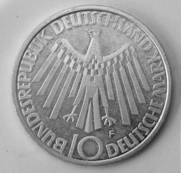 10 DM Gedenkmünze "Olympia Spirale Deutschland" Prägestätte: F aus 625er Silber