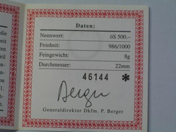 500 Schilling "Mozart - Don Giovanni", 1991 Österreich 986er Gold in OVP mit Zertifikat