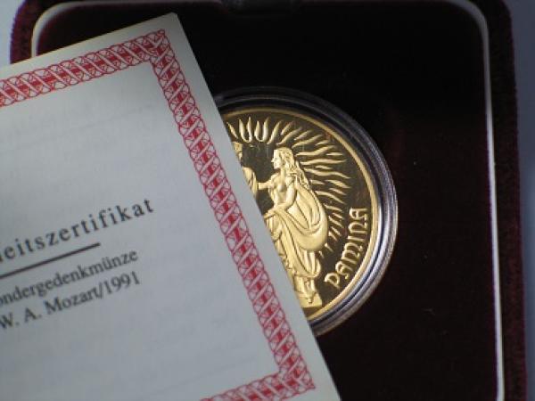 1000 Schilling "Mozart - Zauberflöte", 1991 Österreich 986er Gold in OVP mit Zertifikat
