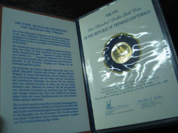 100 Dollar Goldmünze 1976, Trinidad & Tobago, Franklin Mint in OVP mit Zertifikat