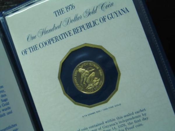 100 Dollar Goldmünze 1976, Guyana, Franklin Mint in OVP mit Zertifikat