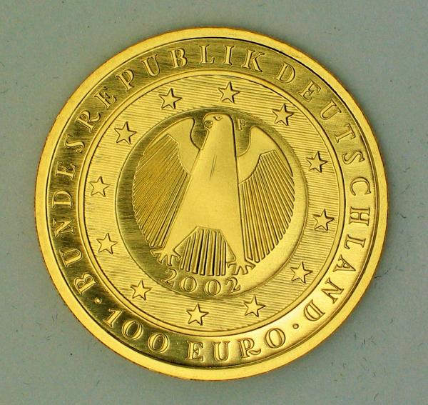 100 Euro Gold 2002 "Einführung" mit original Münzetui und Beschreibung, 1/2 oz Feingold 999,9