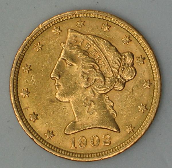5$ US "Liberty Head" 1902 "Half Eagle" USA 900er Gold