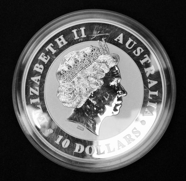 10 $ Kookaburra 1990-2015 "Elisabeth II" Australien, 10 oz 999 Feinsilber in Münzkapsel