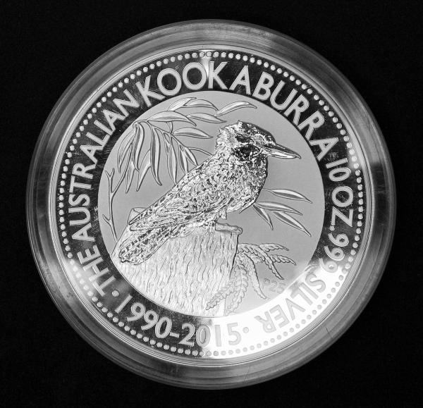 10 $ Kookaburra 1990-2015 "Elisabeth II" Australien, 10 oz 999 Feinsilber in Münzkapsel